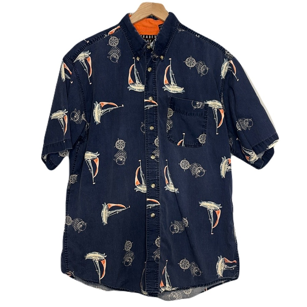 Trader Bay Large All Over Print Sail Boat Short Sleeve Button Down Shirt Compass